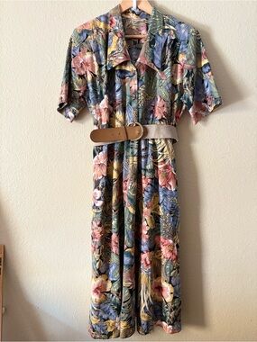 Vintage 80s Penbrooke Lane Tropical Floral Midi Dress Belted Size 12